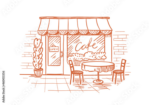 Cozy outdoor cafe in the open air. A table with a chairs. Hand drawn sketch. Vintage style. Color vector illustration isolated on white background.