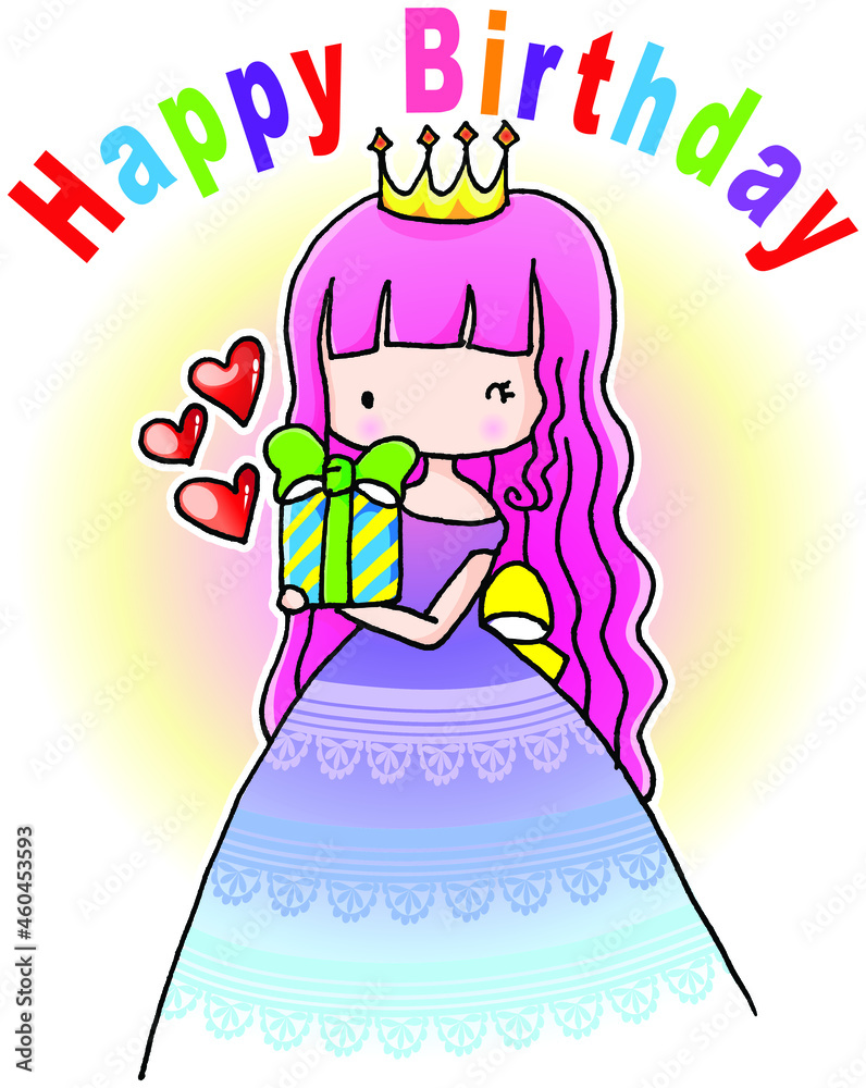 Cartoon little princess holding birthday cake happy birthday card Stock