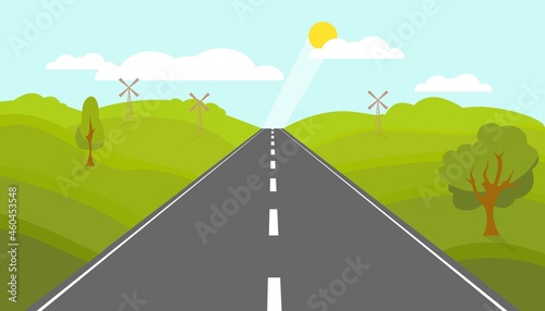 Straight highway road. Long asphalt road with white markings directed towards horizon colorful fields with trees on sides warm sunny vector weather.