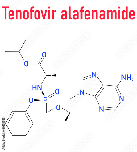 Tenofovir alafenamide antiviral drug molecule (prodrug of tenofovir). Skeletal formula.