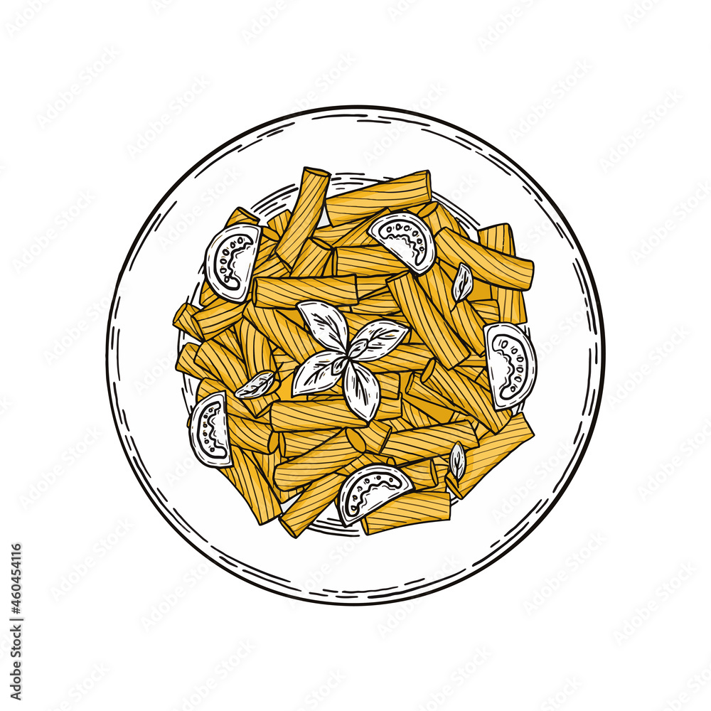 Delicious spaghetti with cherry tomatoes and basil. Hand drawn sketch. Vintage style. Black and white vector illustration isolated on white background. Delicious spaghetti with cherry tomatoes and basil. Hand drawn sketch. Vintage style. Black and white vector illustration isolated on white background.