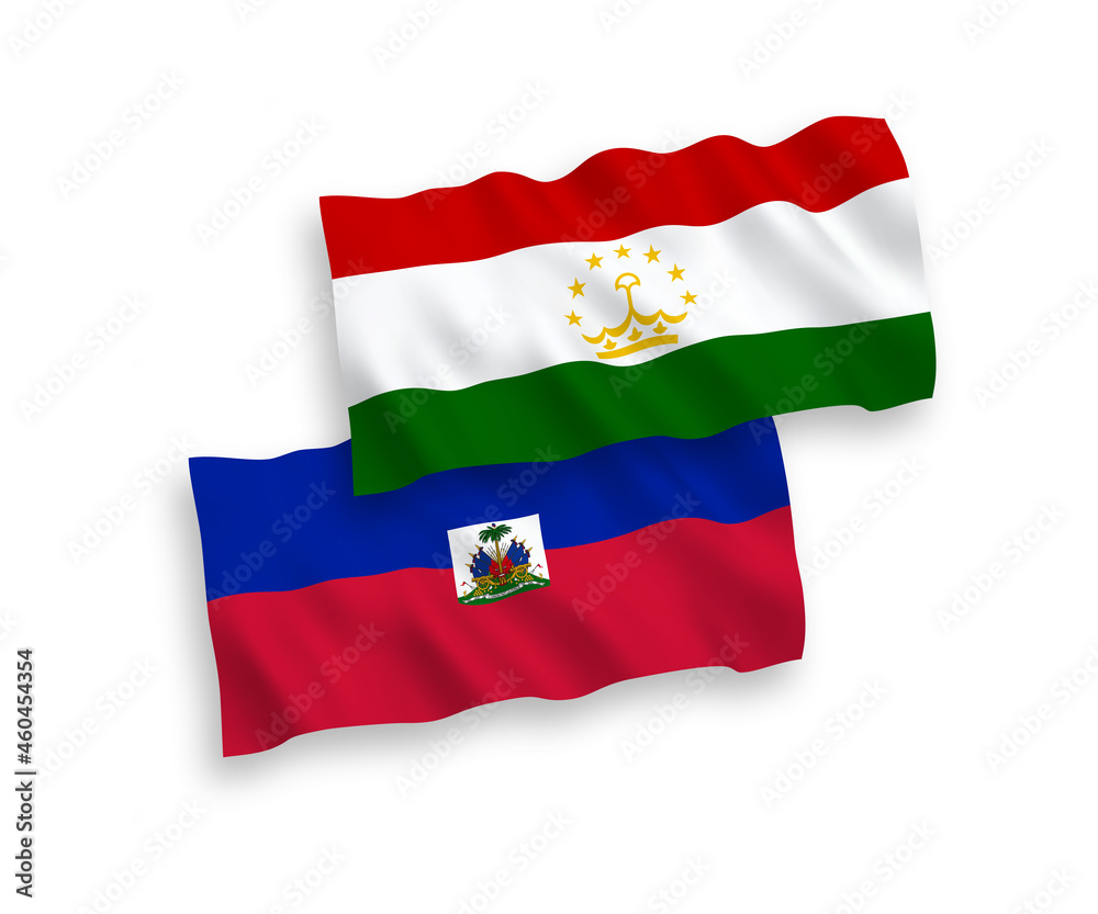 National vector fabric wave flags of Republic of Haiti and Tajikistan isolated on white background. 1 to 2 proportion. National vector fabric wave flags of Republic of Haiti and Tajikistan isolated on white background. 1 to 2 proportion.