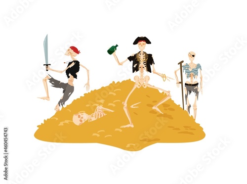 Skeletons of pirates dancing on pile of gold. Dead in decayed sea clothes with bottles of rum and run with saber to attack dead corsair with crutch for vector walking.