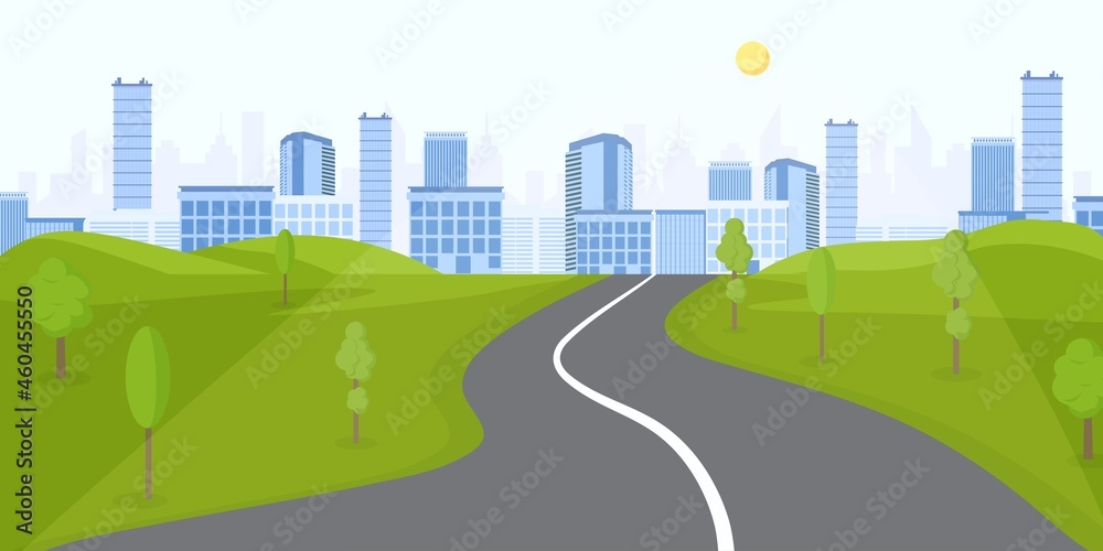 Winding city highway. Curve marked road towards metropolis green fields and trees on sides in picturesque vector landscape