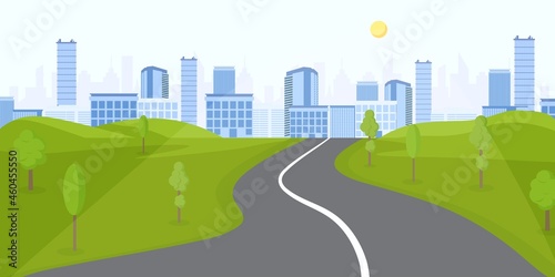 Winding city highway. Curve marked road towards metropolis green fields and trees on sides in picturesque vector landscape