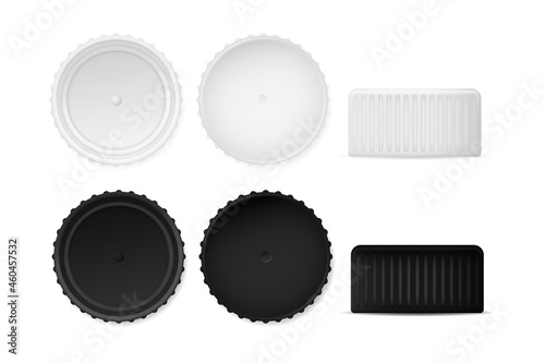 Black and white bottle caps mockup template. Serrated metal and plastic caps for closing containers realistic items for factory and home vector canning