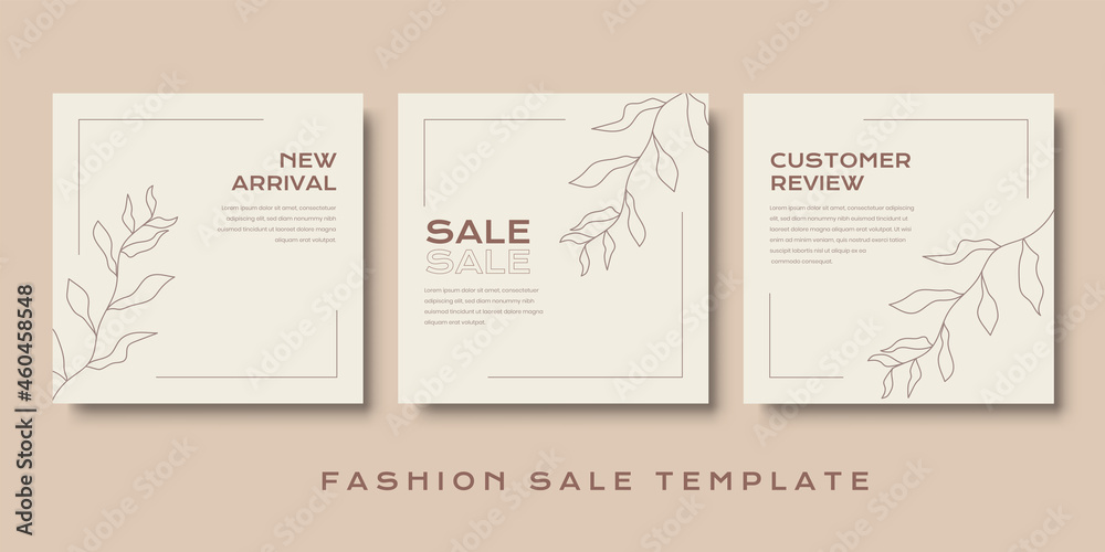 Fashion sales social media post with aesthetic style and leaf shaped lines. Minimal square banner template. Vector illustration of brand promotion design.
