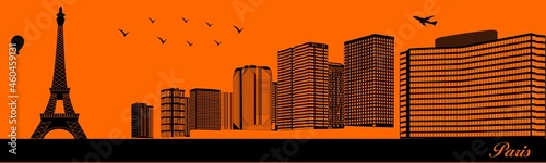 Vector city skyline silhouette - illustration, 
Town in orange background, 
Paris, France
