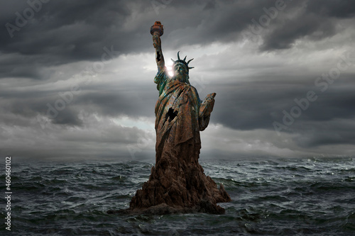 Statue of Liberty half destroyed in the middle of the sea