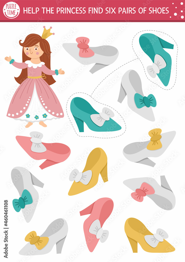 Find pairs of princess shoes. Fairytale matching activity for children. Magic kingdom educational quiz worksheet for kids for attention skills. Simple printable game with cute Cinderella girl.