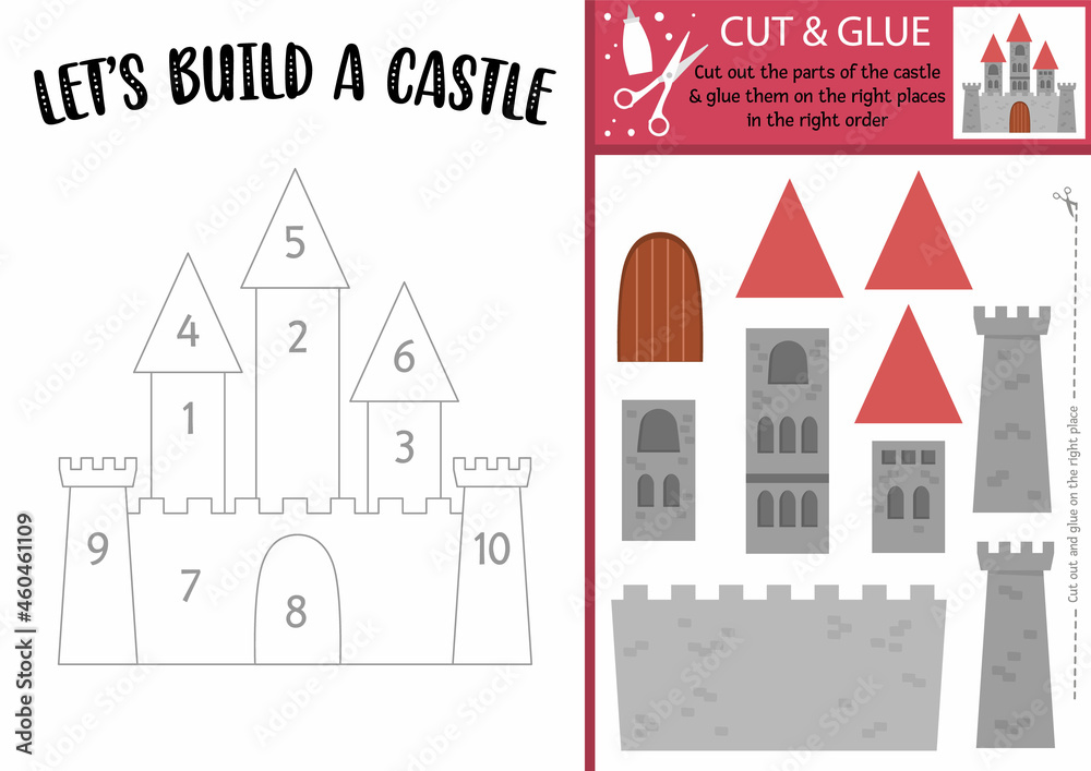 Vector fairytale cut and glue activity. Magic kingdom educational crafting game. Lets build a castle worksheet. Fairy tale printable page for kids with palace, towers..