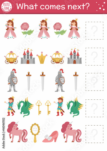 What comes next. Fairytale matching activity for preschool children with traditional fantasy symbols and characters. Funny magic kingdom puzzle. Fall logical worksheet. Continue the row game..