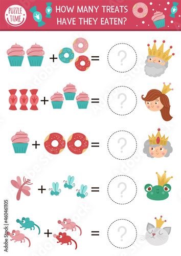 How many treats game with cute fairytale characters, donuts, sweets. Magic kingdom math addition activity for preschool children. Printable simple counting worksheet for kids.