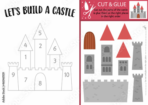 Vector fairytale cut and glue activity. Magic kingdom educational crafting game. Lets build a castle worksheet. Fairy tale printable page for kids with palace, towers..