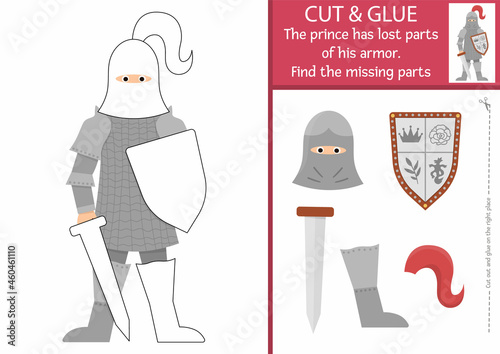 Vector fairytale cut and glue activity. Magic kingdom educational crafting game. Find missing parts of knight armor. Fairy tale printable page for kids with sward, shield, helmet..