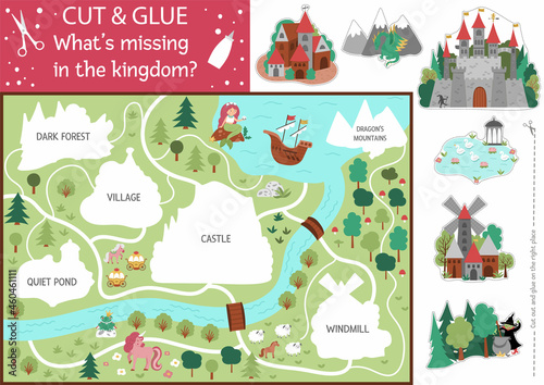 Vector fairytale cut and glue activity. Crafting game with cute magic kingdom map. Fun printable worksheet for children. Find the right piece of the puzzle. Complete the picture.
