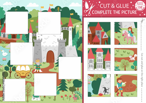 Vector fairytale cut and glue activity. Magic kingdom crafting game with cute castle scene with princess. Fun printable worksheet for children. Find the right piece of the puzzle