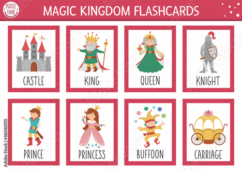 Vector fairytale flash cards set. English language game with cute castle, king, princess, queen for kids. Magic kingdom flashcards with fantasy characters. Simple educational printable worksheet..