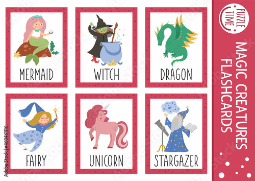 Vector fairytale flash cards set. English language game with cute dragon, mermaid, unicorn for kids. Fantasy creatures flashcards with fantasy characters. Simple educational printable worksheet..