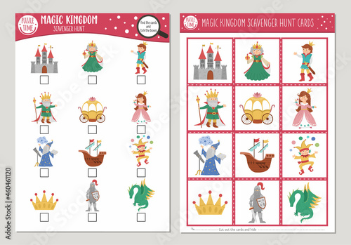 Vector fairytale scavenger hunt cards set. Seek and find game with cute castle, king, princess, dragon for kids. Magic kingdom searching activity. Simple educational printable worksheet. photo