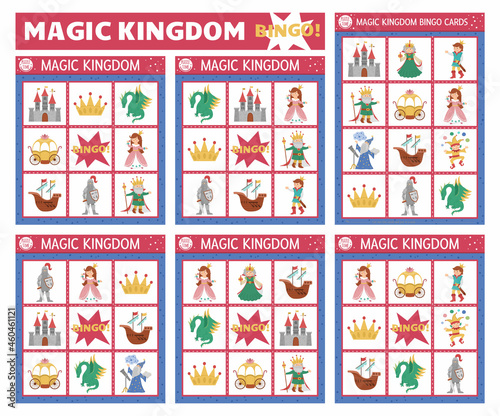 Vector fairytale bingo cards set. Fun family lotto board game with cute castle, king, princess, dragon for kids. Magic kingdom lottery activity. Simple educational printable worksheet..