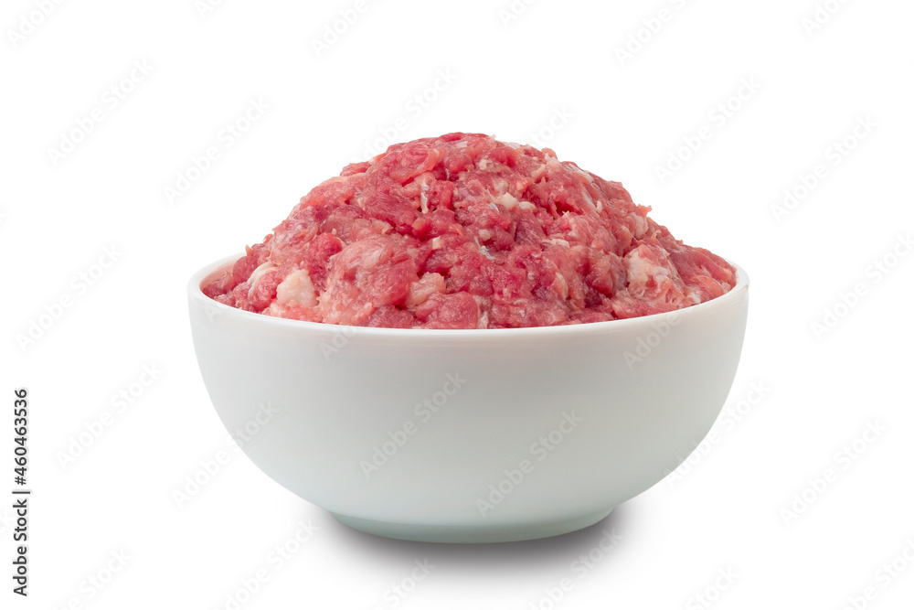 Raw fresh minced pork meat in white bowl isolated on white background with clipping path.