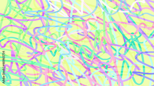 Drawn doodle doodles. Contemporary modern trendy vector illustrations. Pastel colors. Yellow background with chaotic colored lines, pink, blue, green, blue, purple.