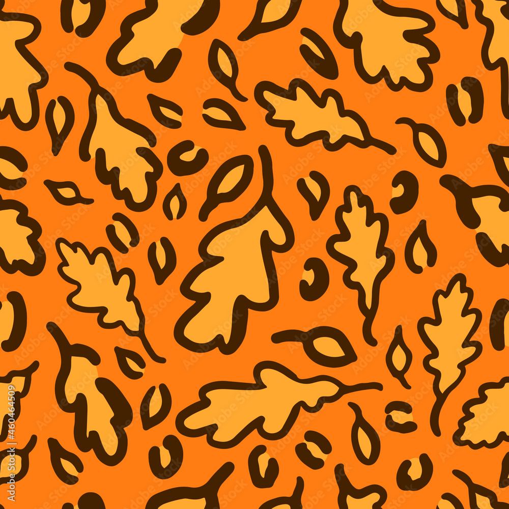 Fall Leopard or jaguar seamless pattern made of oak leaves. Trendy animal print with autumn colors. Vector background for fabric, wrapping paper, textile, wallpaper, etc Fall Leopard or jaguar seamless pattern made of oak leaves. Trendy animal print with autumn colors. Vector background for fabric, wrapping paper, textile, wallpaper, etc