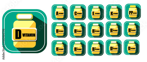Set of Multi Vitamin complex icons. Multivitamin supplement.	