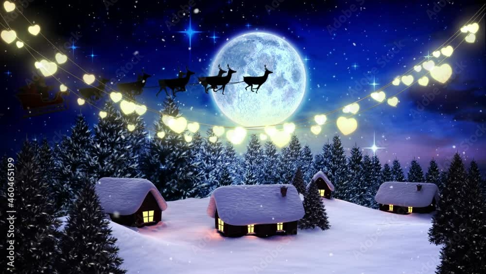Animation of santa sleigh and christmas lights over winter landscape