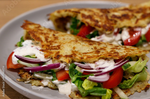 Potato Pancakes. Vegetable fritters.Greek chicken gyros wrapped with latkes, hash browns. Hungarian ‘tócsni’. Germanophone Switzerland ‘rösti’ dish made with potato