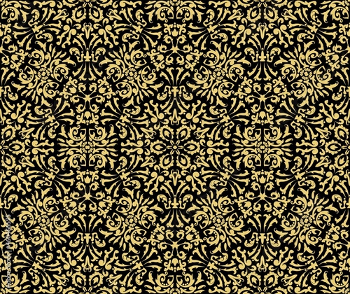 Vintage Seamless Pattern with Golden Ornaments on a black background. For fabric, wallpaper, venetian pattern,textile, packaging.