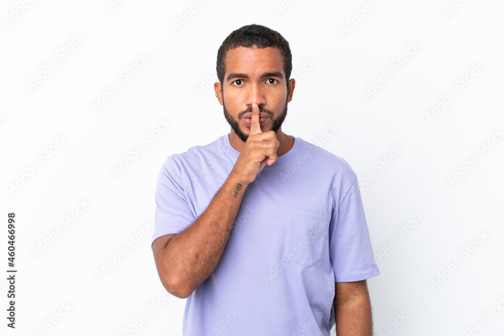 Young Ecuadorian man isolated on white background showing a sign of silence gesture putting finger in mouth Young Ecuadorian man isolated on white background showing a sign of silence gesture putting finger in mouth