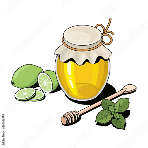 Lime green, honey jar, mint. Vector 3d sketch line isometric, color icon illustration, flat style. Creative design idea and elements for infographics and website.