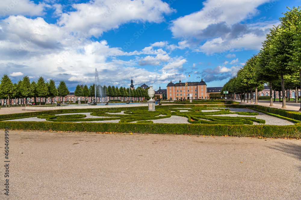 Schwetzingen, Germany. Fountain and flower bed in the central alley of the park