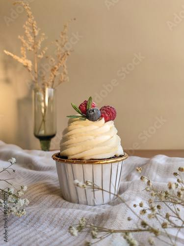 Chocolate cupcake with butter icing and berries on top (ID: 460470115)