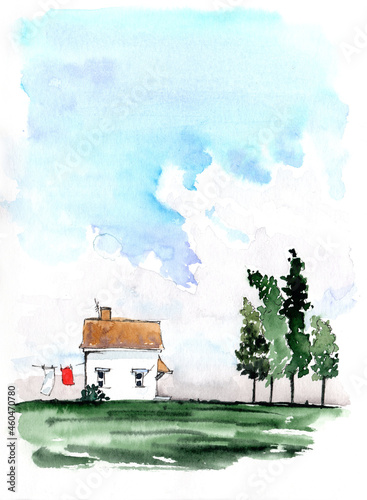 Watercolor illustration of a countryside landscape with few trees, small old house and clouy sky