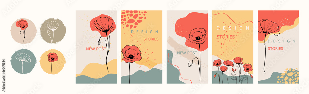 Social media stories and post templates set. Vector highlight covers or icons with hand drawn poppies flowers - obrazy, fototapety, plakaty 
