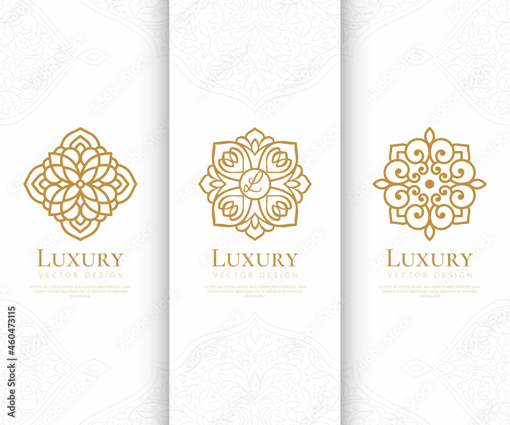 Golden mandala logos. Can be used for jewelry, beauty and fashion industry. Great for emblem, monogram, invitation, flyer, menu, brochure, background, or any desired idea.
