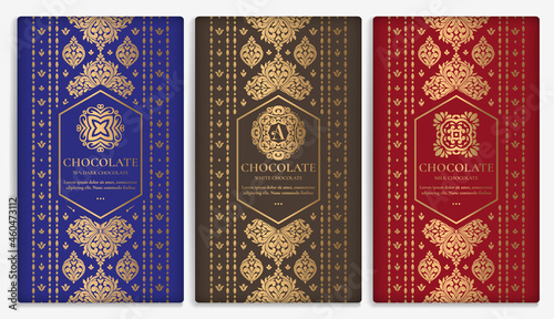 Vintage set of chocolate bar packaging design. Vector luxury template with ornament elements. Can be used for background and wallpaper. Great for food and drink package types.