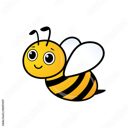 Smiling adorable bee character. Lovely simple design of yellow and black flying bee. Vector illustration isolated on white