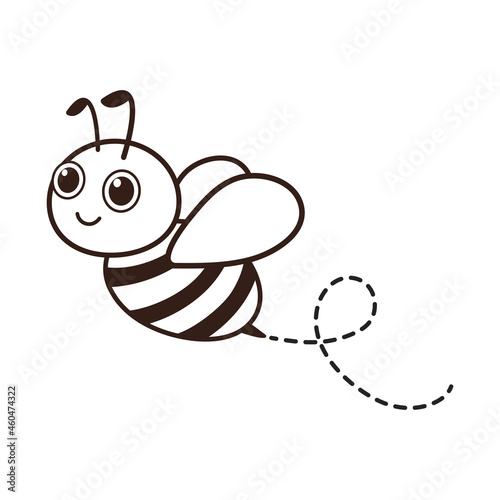 Bee icon. black bee flying on a dotted route. Vector illustration isolated on white background.