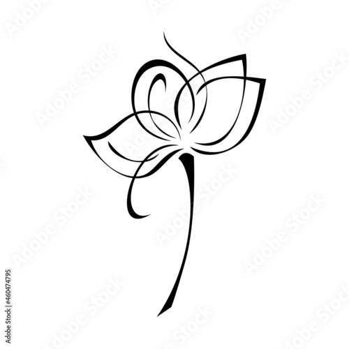 one stylized blooming flower on a short stalk without leaves in black lines on a white background
