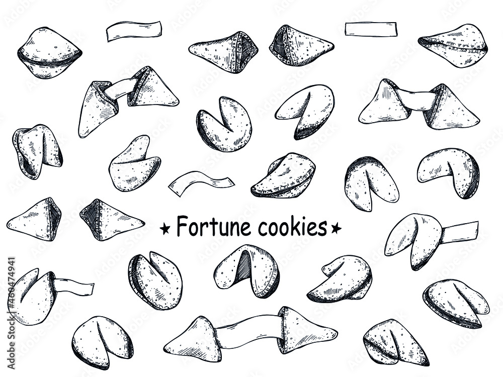 Obraz premium Chinese fortune cookies vector hand drawn set isolated on white backgrounds. Food illustration. Crisp cookie with a blank piece of paper inside. For print, web, design, decor, logo.