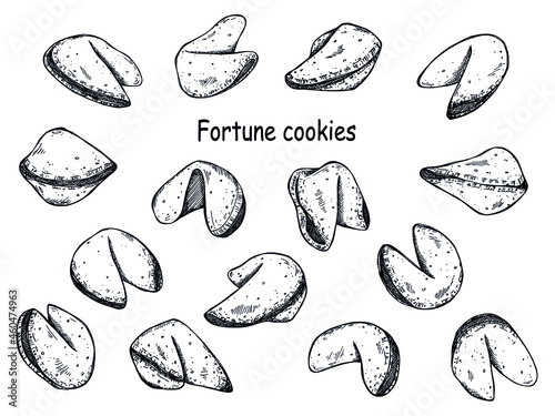 Chinese fortune cookies vector hand drawn set isolated on white backgrounds. Food illustration. Crisp cookie with a blank piece of paper inside. For print, web, design, decor, logo.
