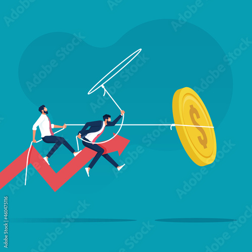 Businessman riding success arrow graph trying to catch money fly. Employees are collecting money that was flying like a bird
