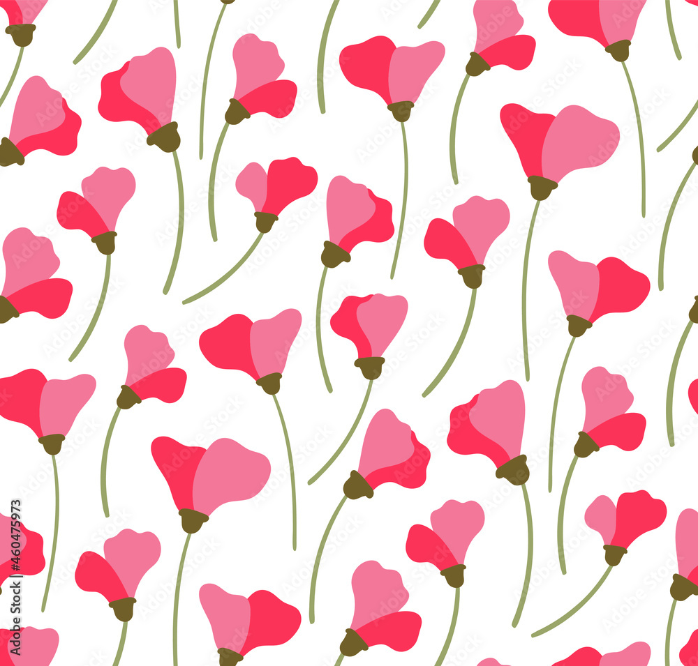 The simplest pink flower. Cute, naive, seamless pattern on a white background.