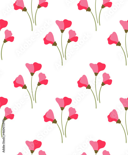 Seamless pattern with simple little flowers in pink colours. Floral repeatable background.