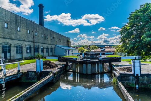 A view over a three locks network on the Leeds, Liverpool canal at Bingley, Yorkshire, UK in summertime photo