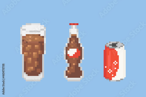 Pixel art cola icon set. Vector Retro 8 bit Red Bottle, glass and can of cola. Pixel fast food isolated cola drinks set. Pixel art vector icon for game, stickers, web design.
